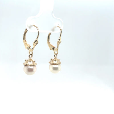 14K Yellow Gold Capped Pearl Dangle Earrings