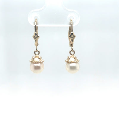 14K Yellow Gold Capped Pearl Dangle Earrings