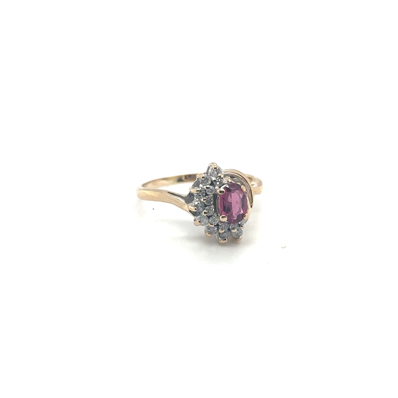 14K Yellow Gold Oval Pink Tourmaline & Diamond Cluster Ring