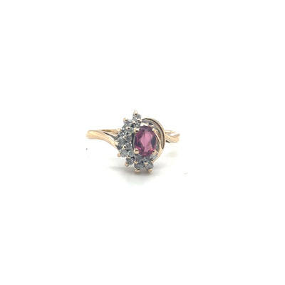 14K Yellow Gold Oval Pink Tourmaline & Diamond Cluster Ring