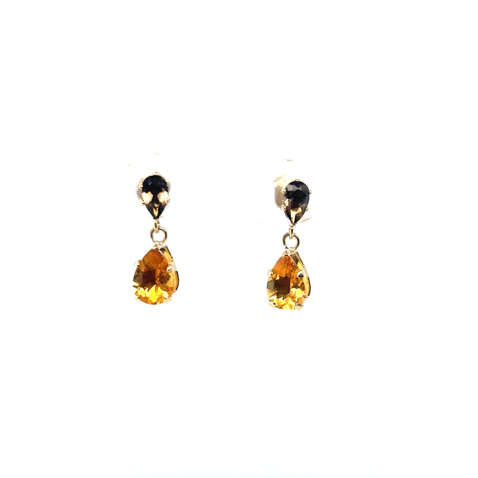 14K YG PEAR CITRINE DANGLE EARRINGS W/ BROWN STONE ACCENT