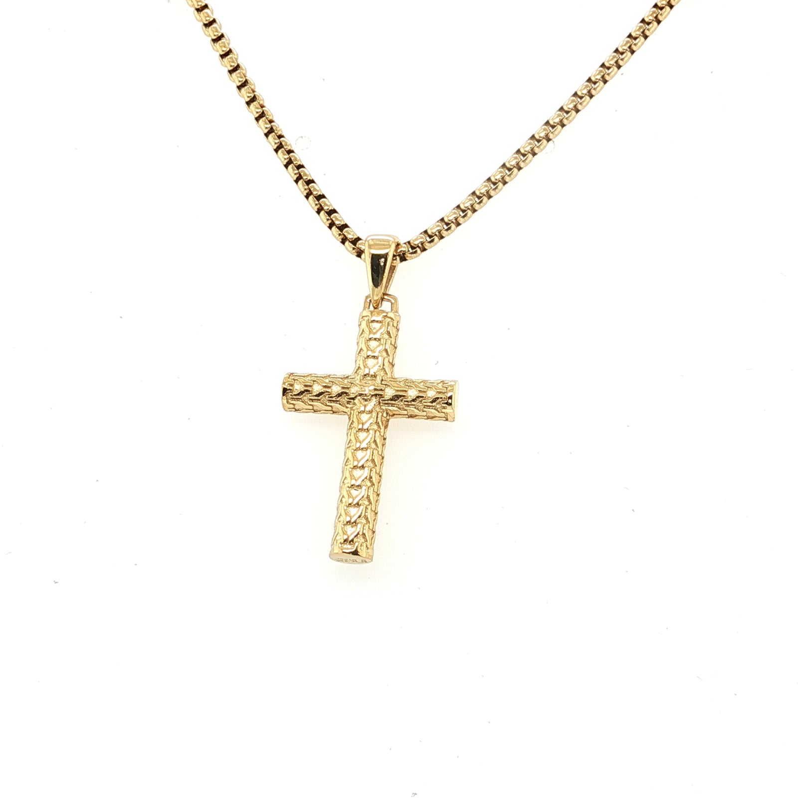 18Kt Gold IP Scale Cross Pendant with Bold Box Chain