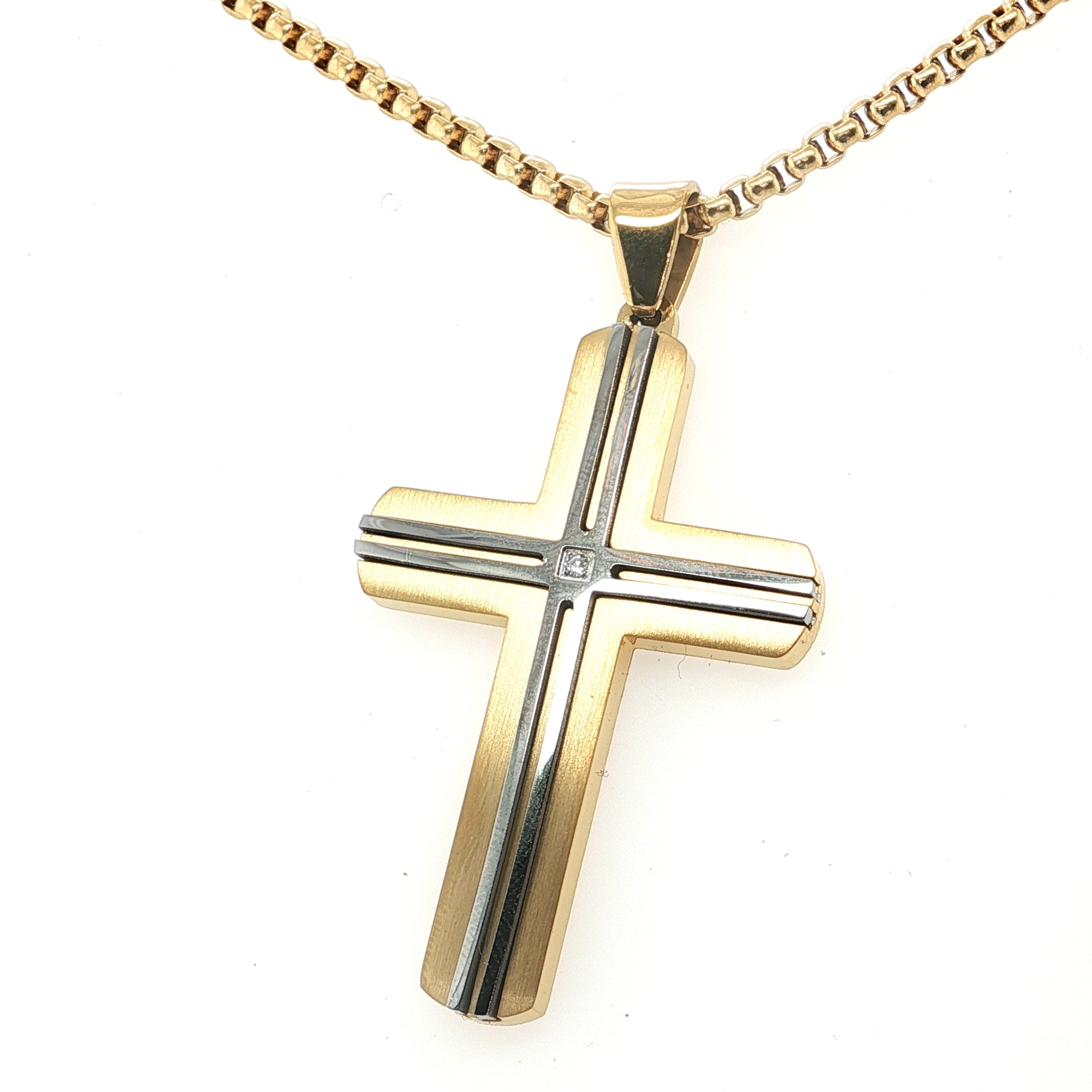 18Kt Gold IP & Thin Steel Line Layered Cross Pendant with Clear CZ