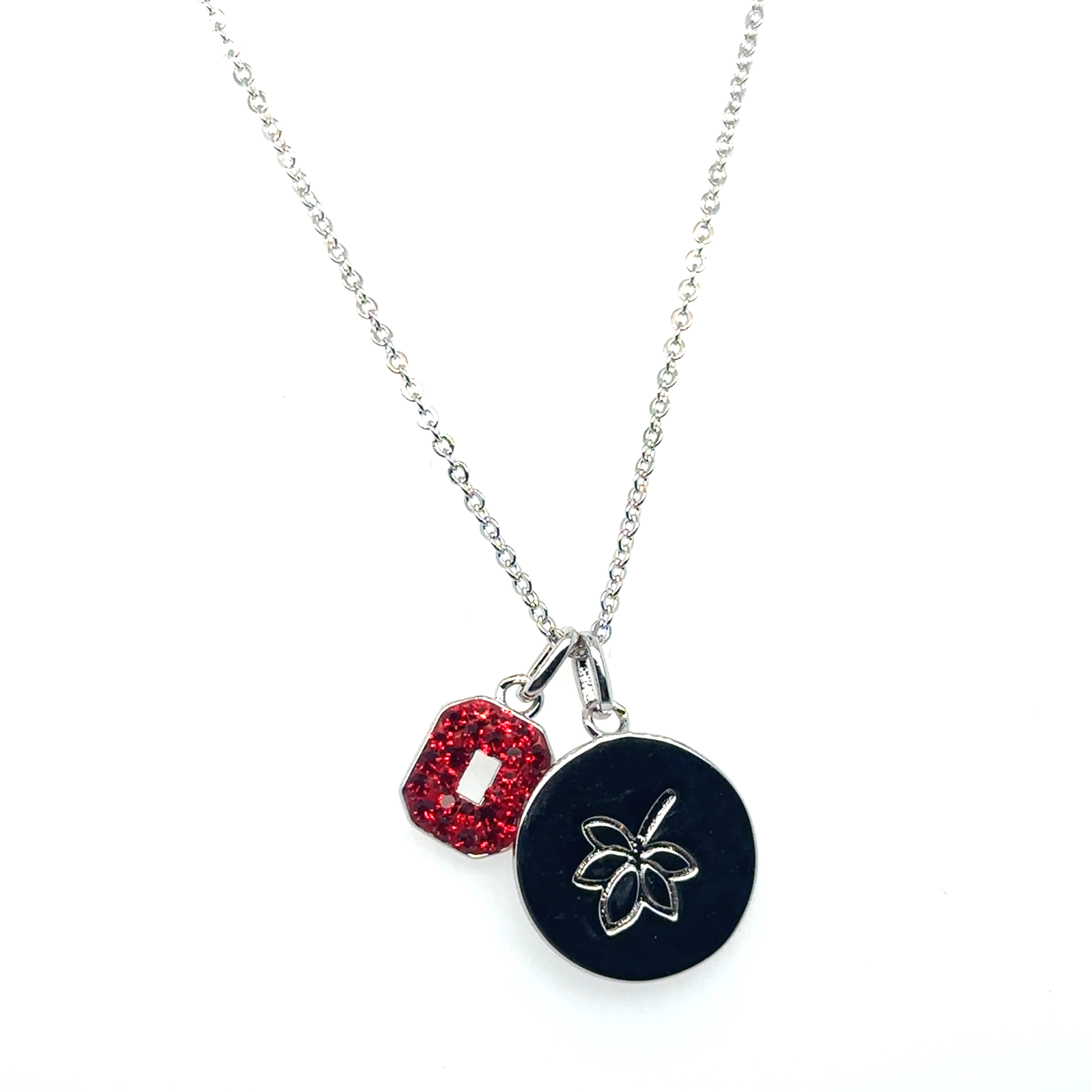Red Silver-Tone Crystal Leaf Motif Charm Necklace