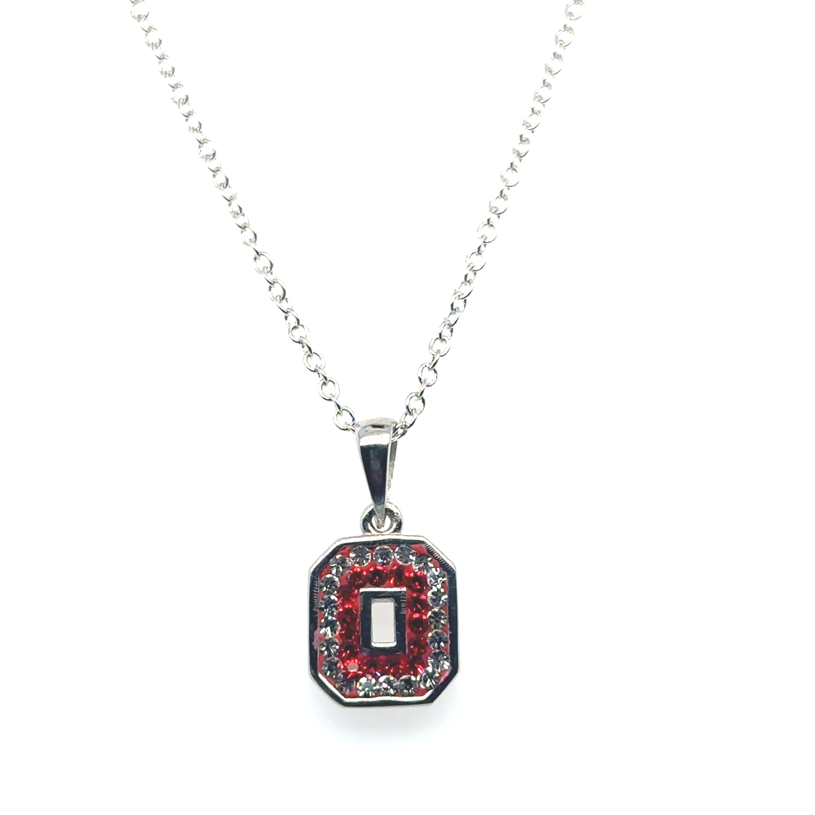 Red & Clear Crystal Block "O" Silver-Tone Charm Necklace