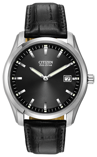 Gents Eco-Drive Stainless Steel Citizen "Corso" Watch With a black leather strap