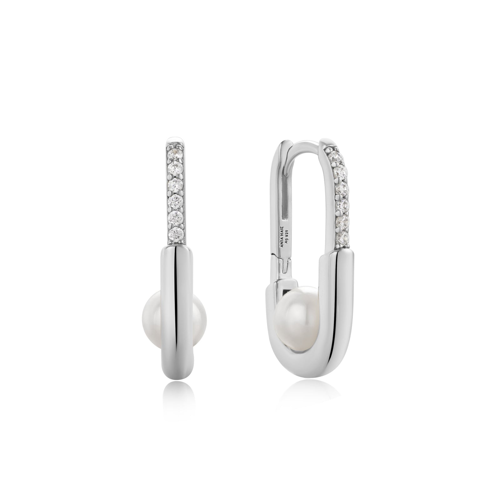 Silver Shell Pearl Interlock Oval Hoop Earrings