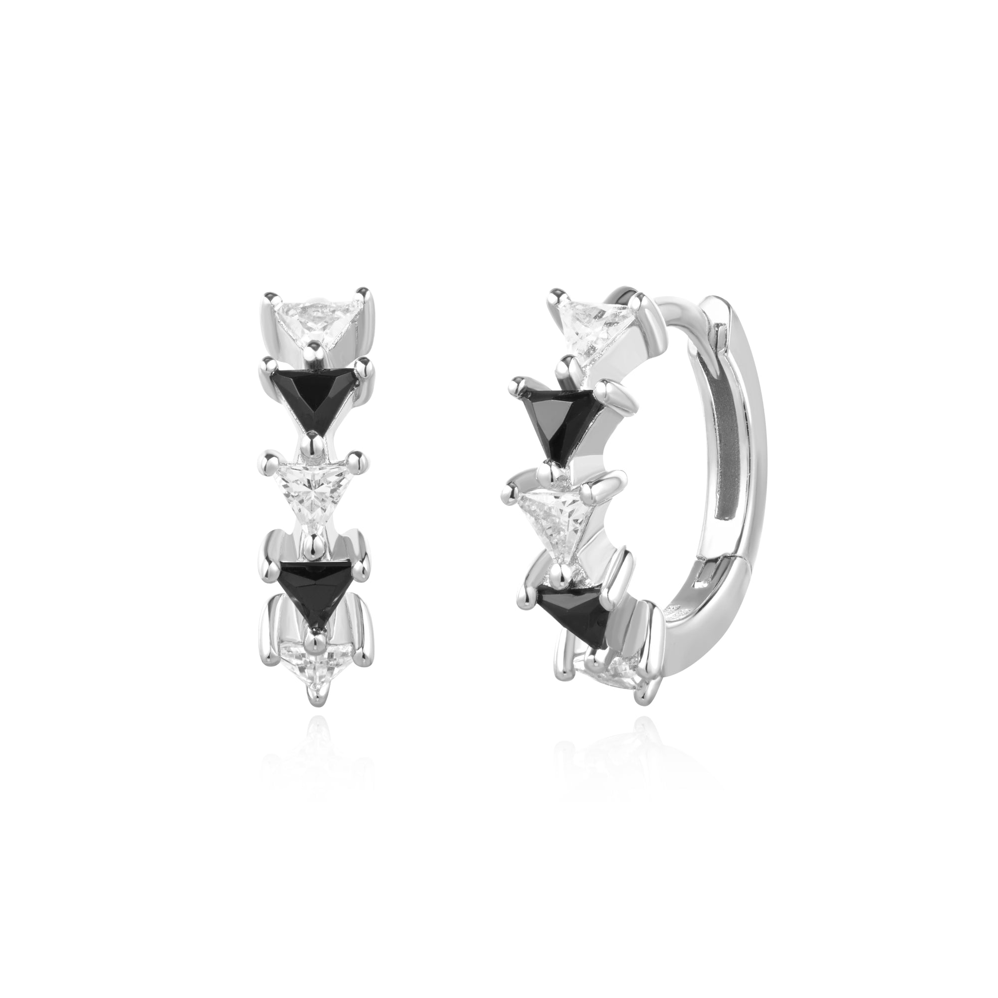 Silver Black/White Triangular Cubic Zirconia Huggies
