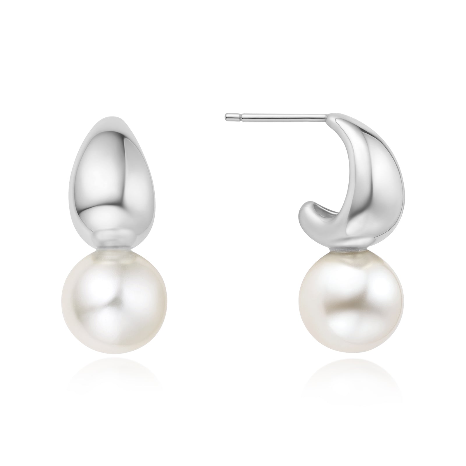 Silver Shell Pearl Dome Hoop Earrings