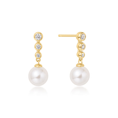 Gold Tennis Beaded Stone Shell Pearl Drop Stud Earrings