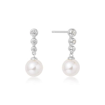 Silver Tennis Beaded Stone Shell Pearl Drop Stud Earrings