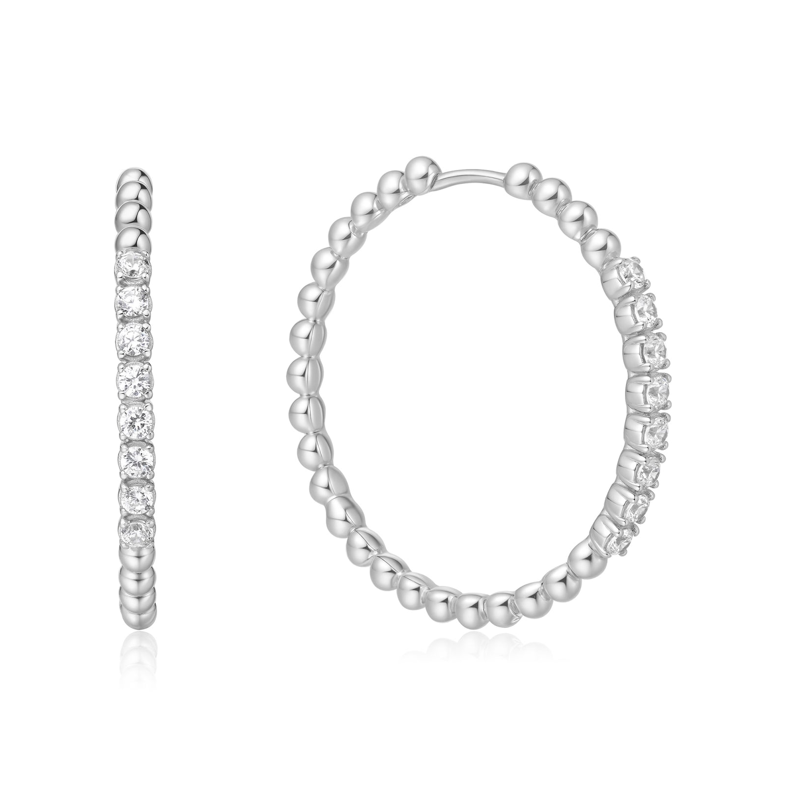 Silver Large Claw Sphere Beaded Hoop Earrings