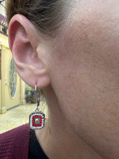 Block "O" Leverback Crystal Earrings - Clear Out Red In