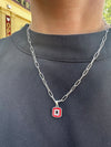 Block "O" Pendant on Paperclip Chain - Red Outer Clear Inner