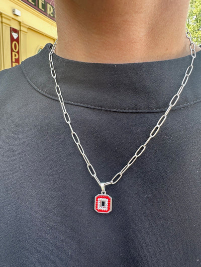 Block "O" Pendant on Paperclip Chain - Red Outer Clear Inner