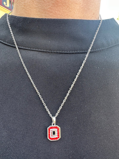 Block "O" Pendant on Brass Rhodium Chain - Red Outer Clear Inner
