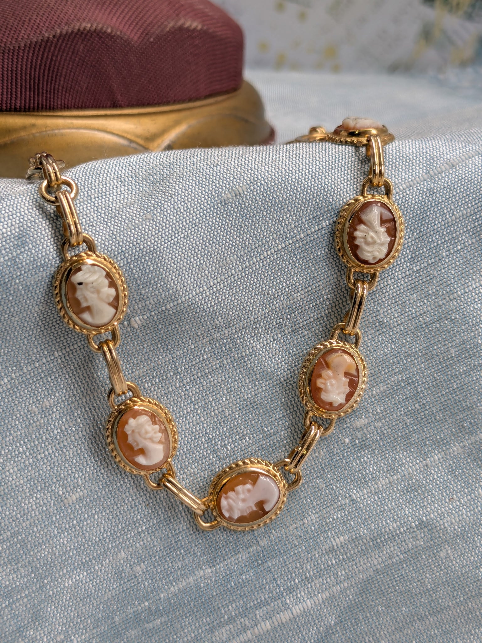 14k Yellow Gold Orange-Cameo Bracelet w/ Safety Chain
