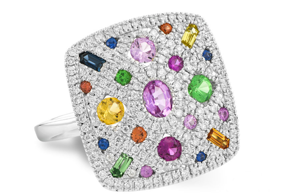 MULTI COLORED GEMSTONE AND DIAMOND CUSHION SHAPED RING