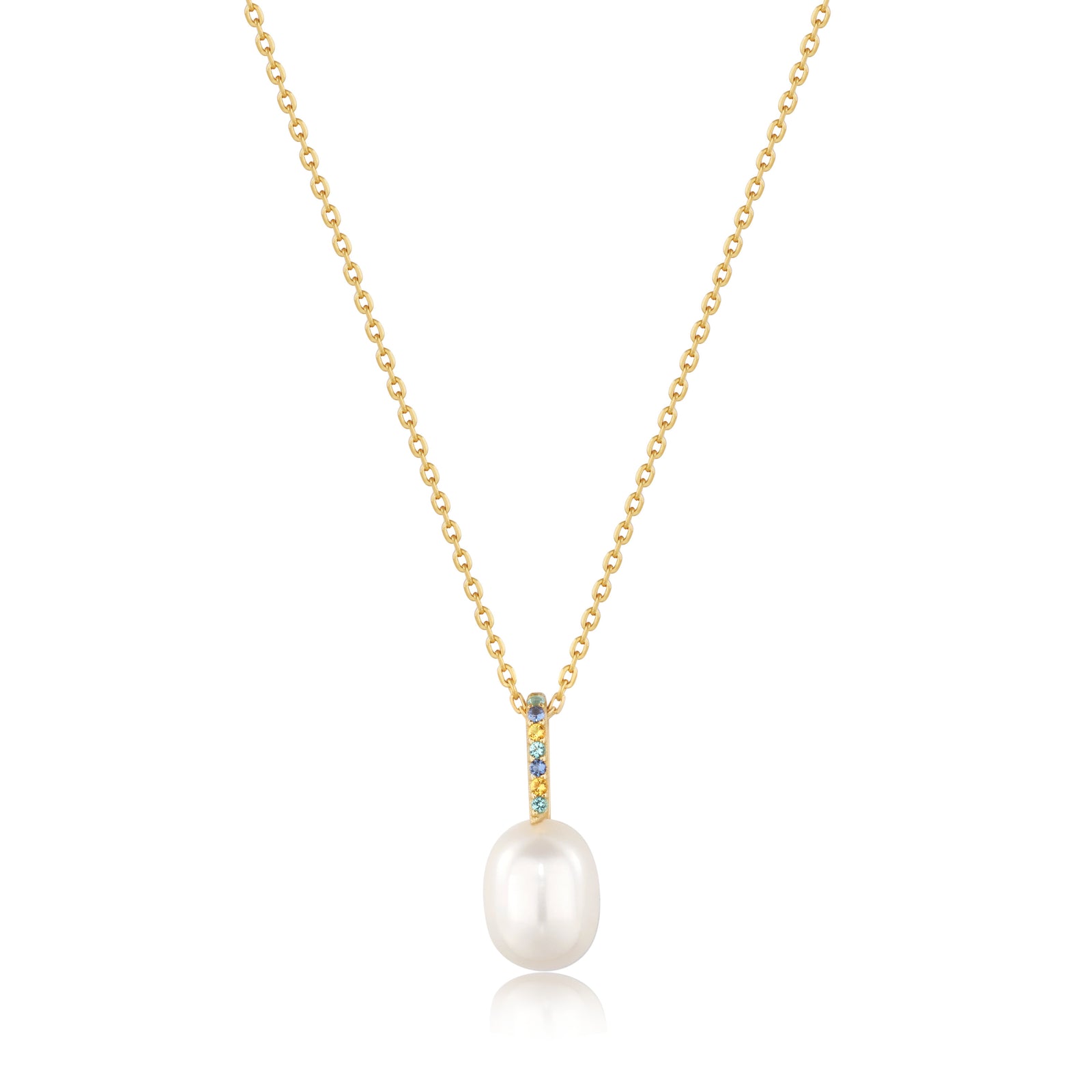 Gold Gem Pearl Drop Pendant Necklace