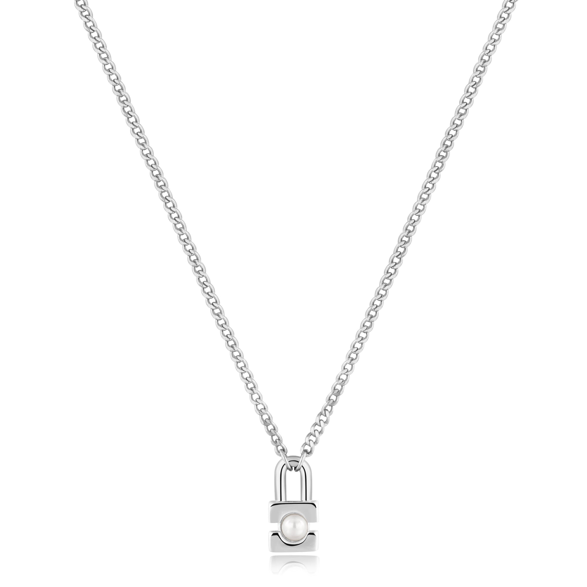 Silver Shell Pearl Padlock Necklace