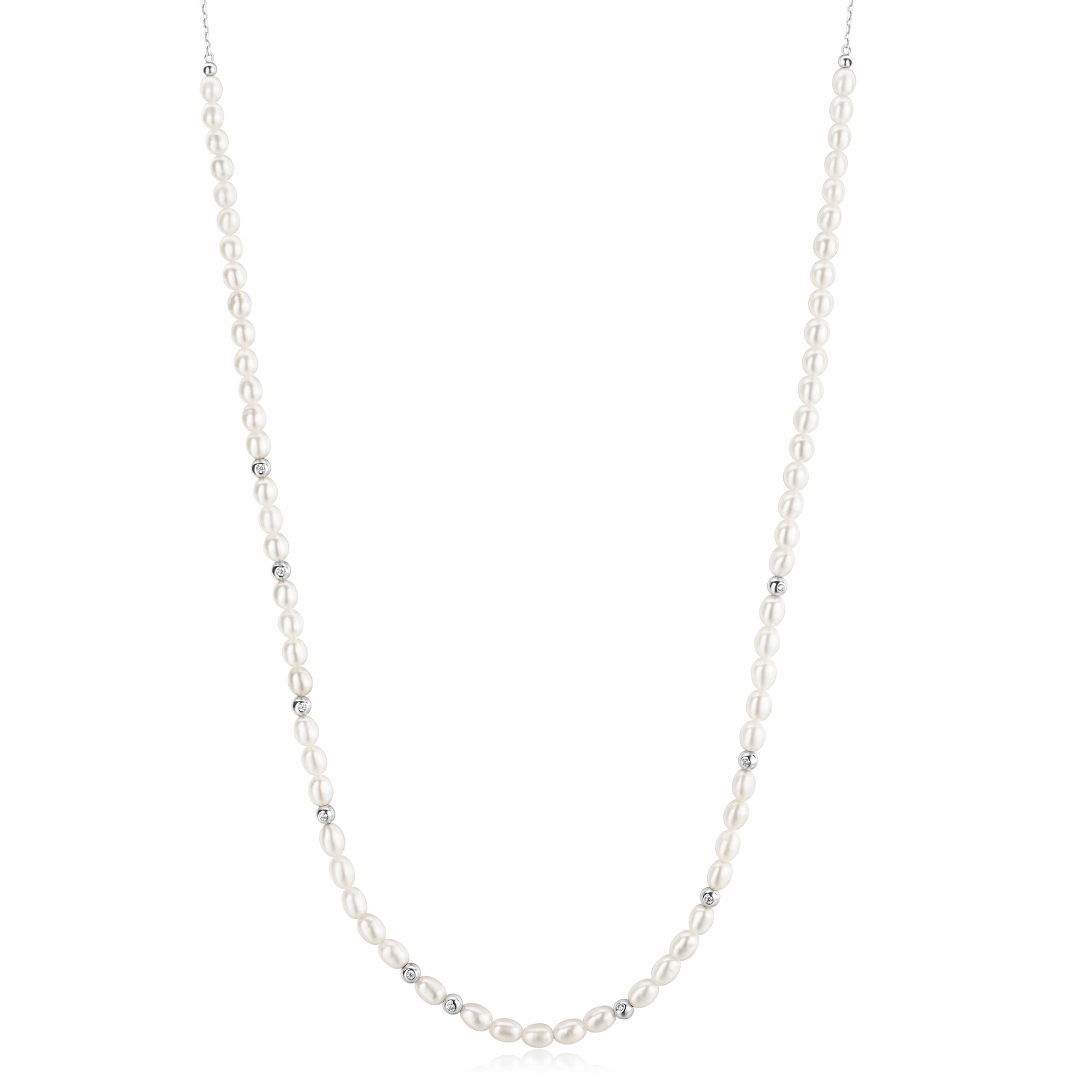 Silver Freshwater Pearl and White Cubic Zirconia Bezel Set Slider Necklace