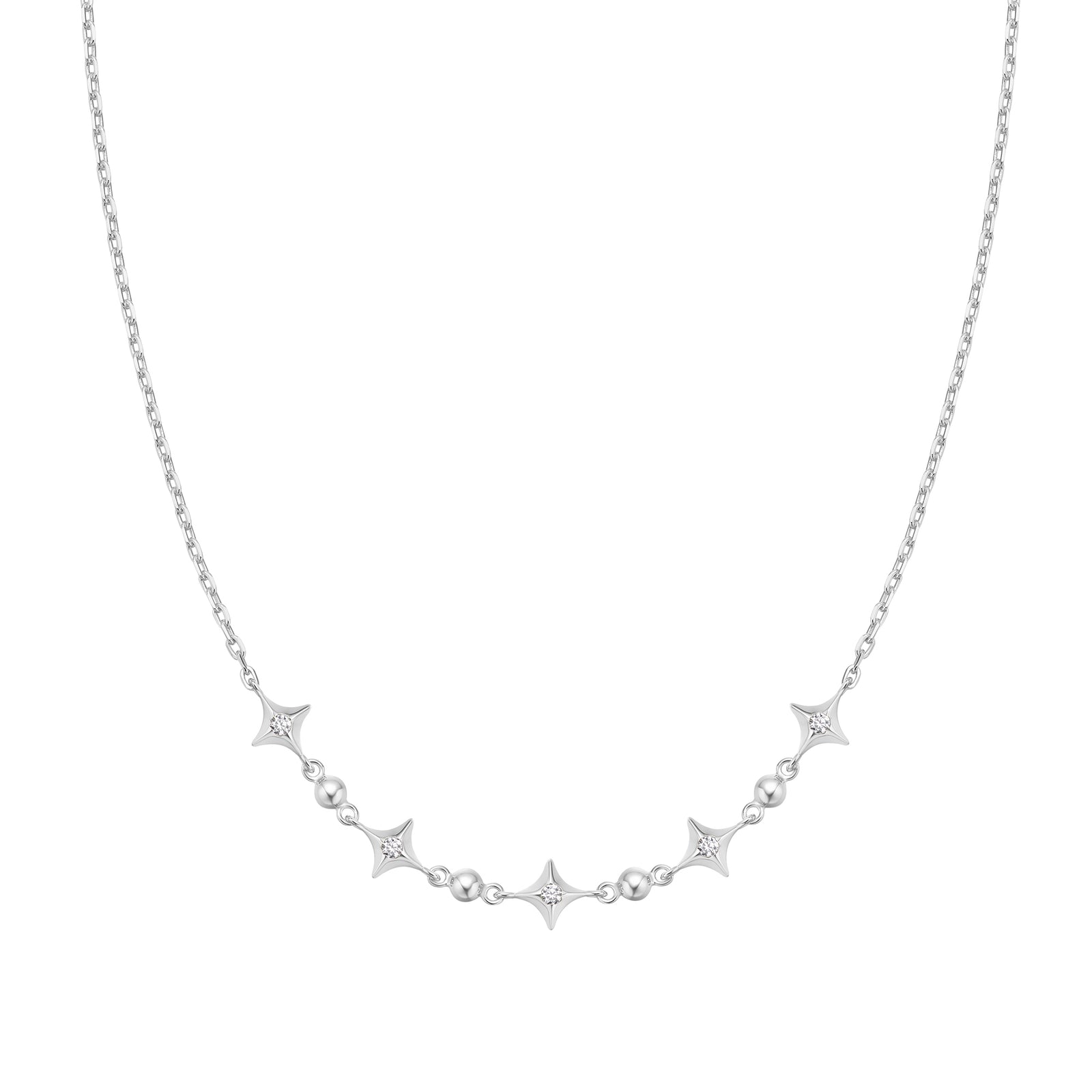 Silver Sparkling Star Station Necklace