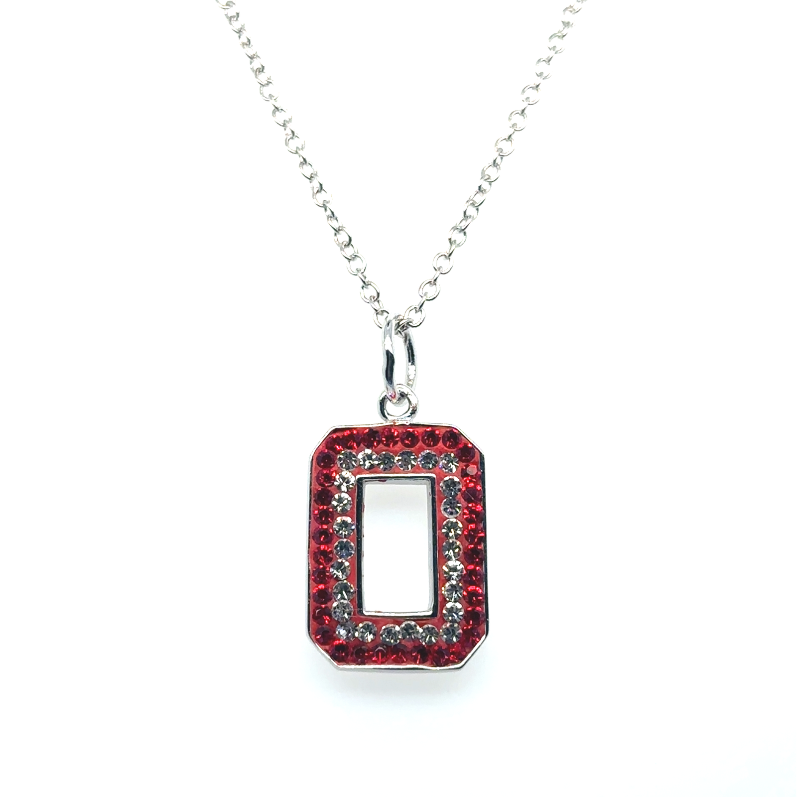 Silver Open Rectangular Charm Necklace with Red Crystals