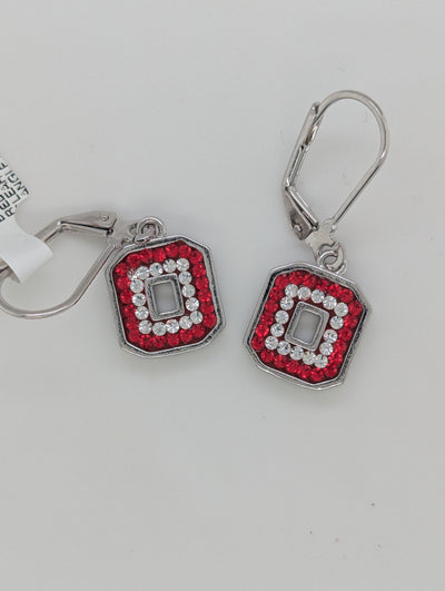Block "O" Leverback Crystal Earrings - Red Outer Clear Inner