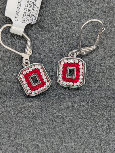 Block "O" Leverback Crystal Earrings - Clear Out Red In