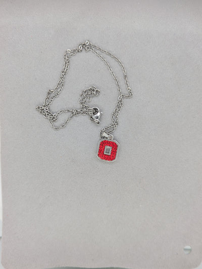 Block "O" Pendant on Brass Rhodium Chain - ALL RED
