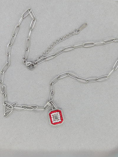 Block "O" Pendant on Paperclip Chain - Red Outer Clear Inner