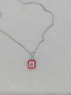 Block "O" Pendant on Brass Rhodium Chain - Red Outer Clear Inner