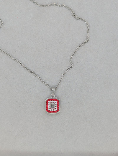 Block "O" Pendant on Brass Rhodium Chain - Red Outer Clear Inner