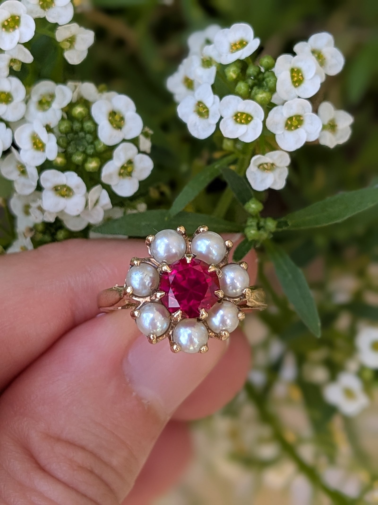 Pearl & Ruby Flower Ring