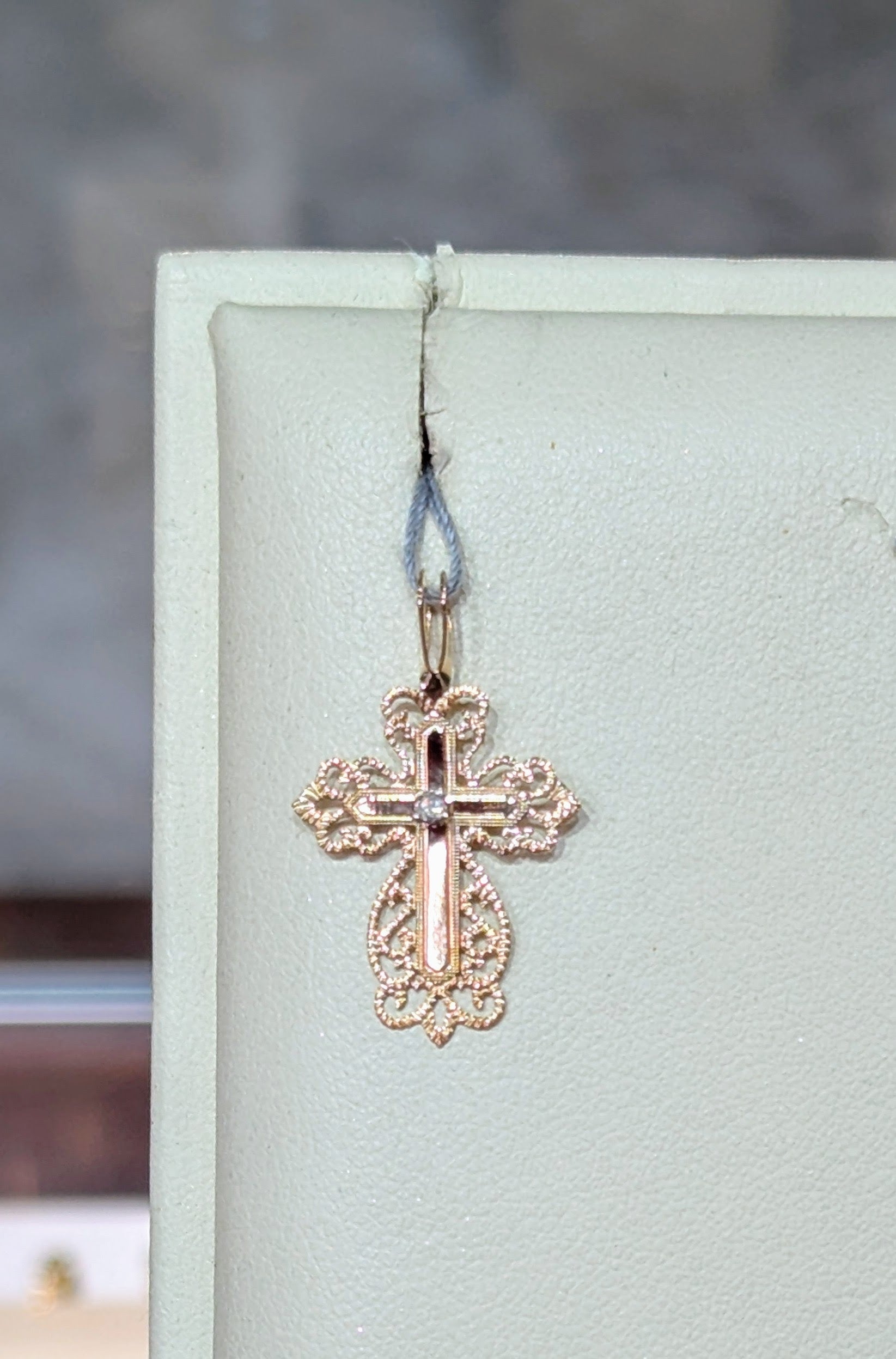 14k Yellow Gold Filigree Cross with Diamond Accent