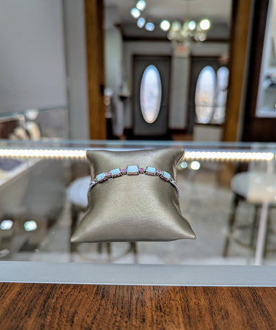 Silver Bracelet w/ Opal + Pink Gemstones & Bolo-Clasp
