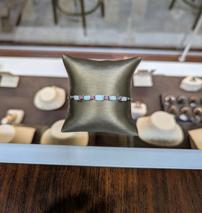 Silver Bracelet w/ Opal + Pink Gemstones & Bolo-Clasp