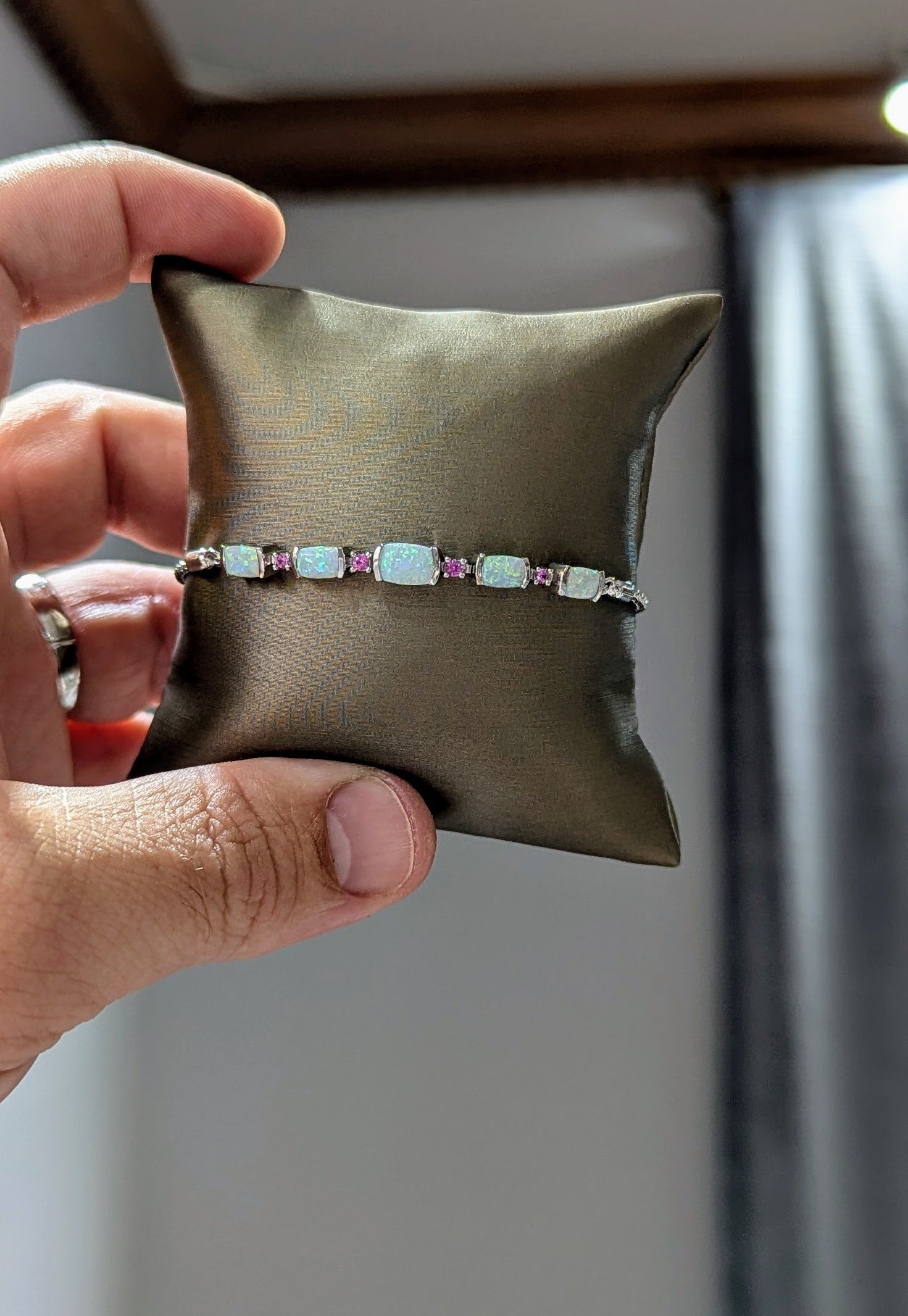 Silver Bracelet w/ Opal + Pink Gemstones & Bolo-Clasp