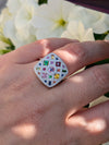 MULTI COLORED GEMSTONE AND DIAMOND CUSHION SHAPED RING