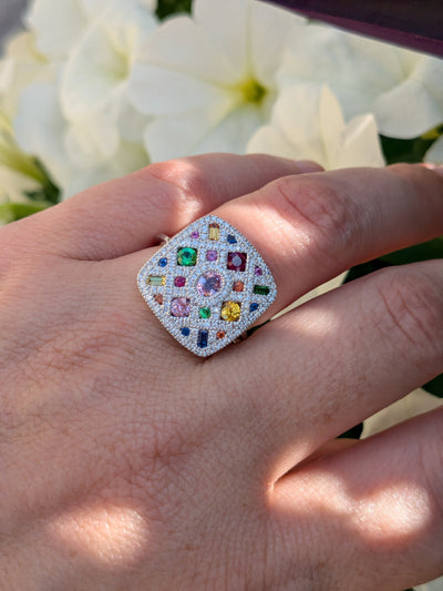 MULTI COLORED GEMSTONE AND DIAMOND CUSHION SHAPED RING