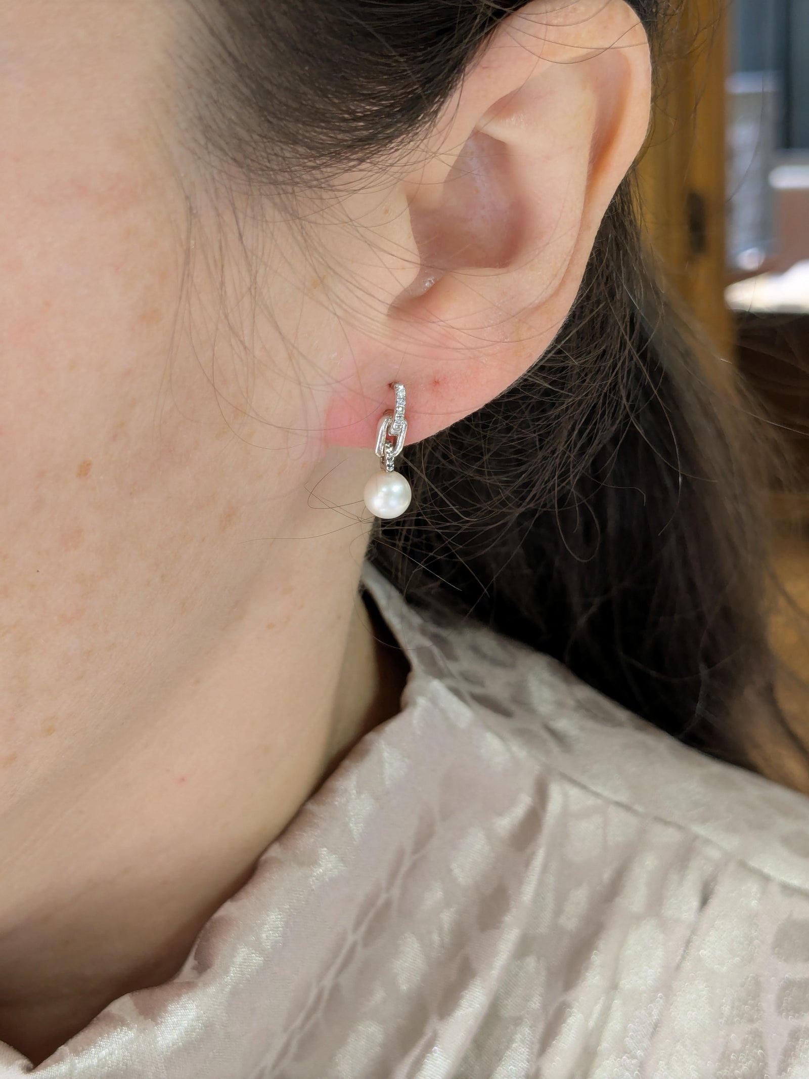 Silver Diamond Pearl Earrings