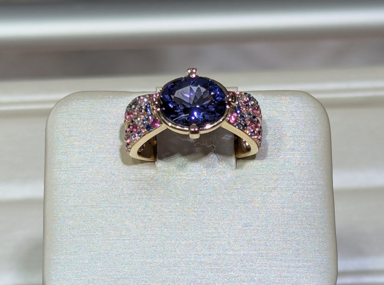 14k Yellow Gold East-West Oval Tanzanite Ring with Multi-Colored Sapphires and Diamonds