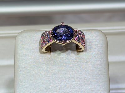 14k Yellow Gold East-West Oval Tanzanite Ring with Multi-Colored Sapphires and Diamonds
