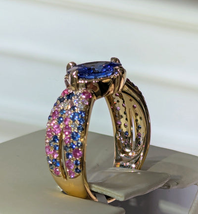 14k Yellow Gold East-West Oval Tanzanite Ring with Multi-Colored Sapphires and Diamonds