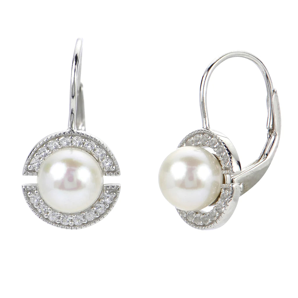 Sterling Silver White Topaz and Diamond Halo-Style Leverback Earrings