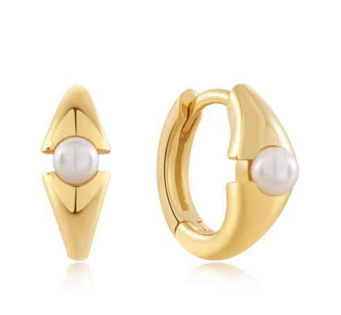 Gold Pearl Geometric Huggie Hoop Earrings