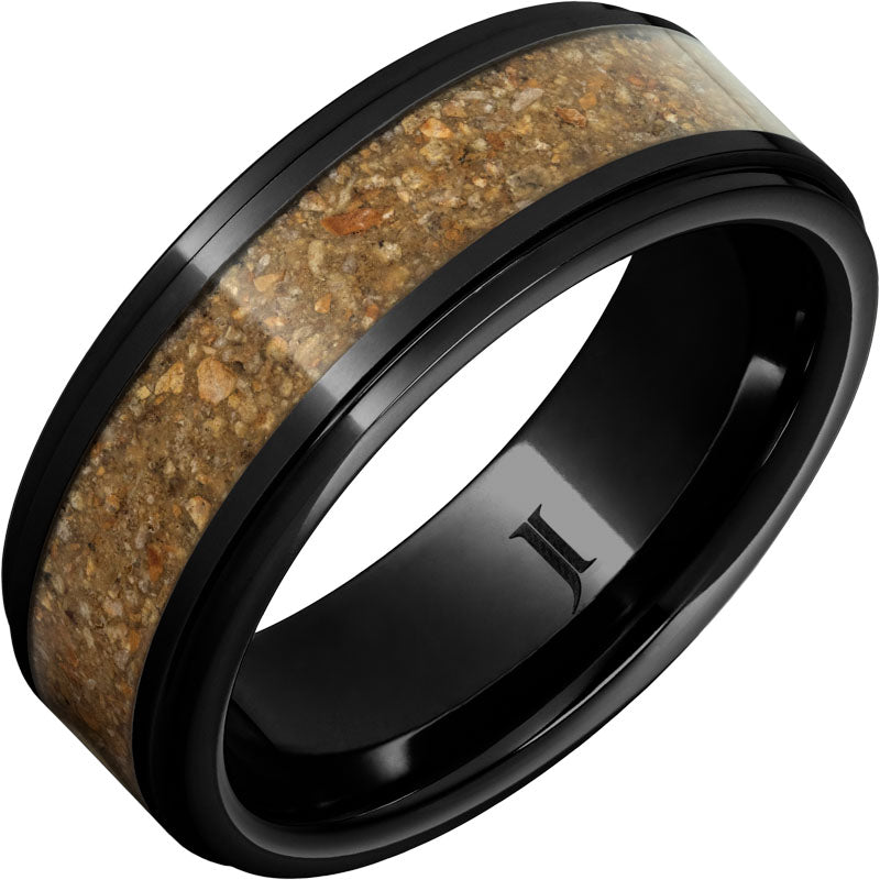 Black Diamond Ceramic™ Ring with Tan-Brown Dinosaur Bone Fossil Inlay and Flat Recessed Edges
