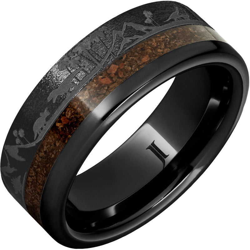 Black Diamond Ceramic™ Ring with Dinosaur Bone Inlay and Dinosaur Landscape Engraving