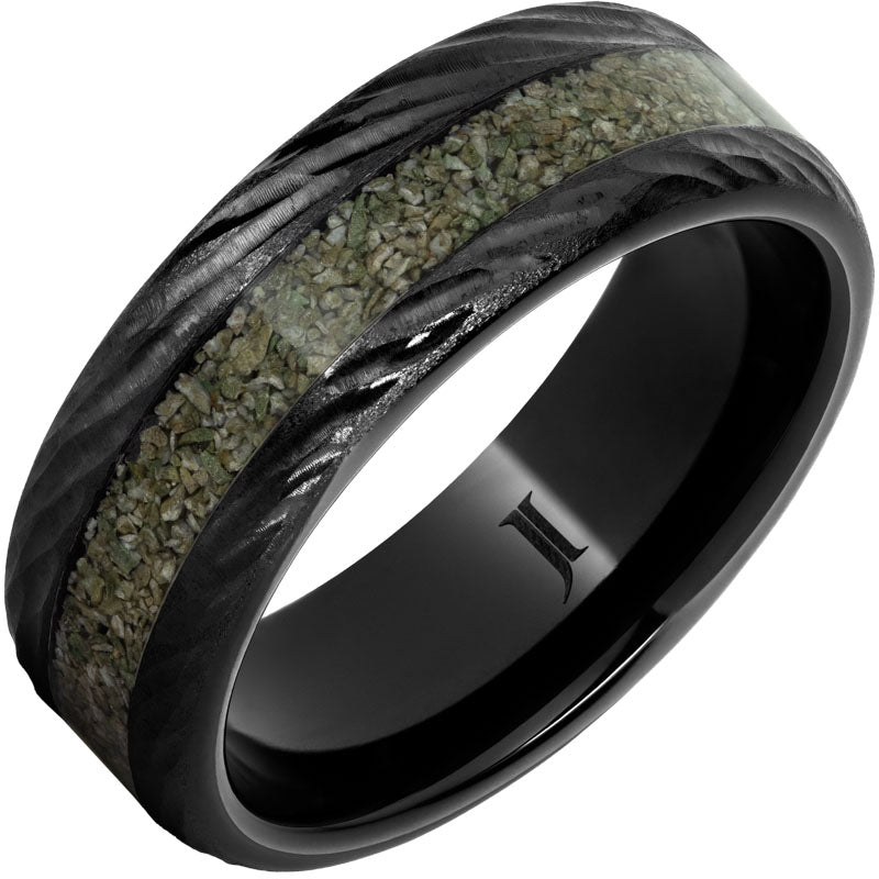 Black Diamond Ceramic™ Ring with Green Dinosaur Bone Inlay