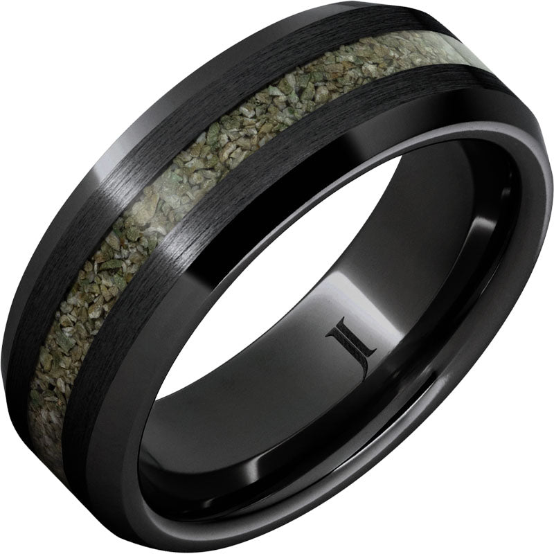 Black Diamond Ceramic™ Ring with Rare Green Fossil Dinosaur Bone Inlay